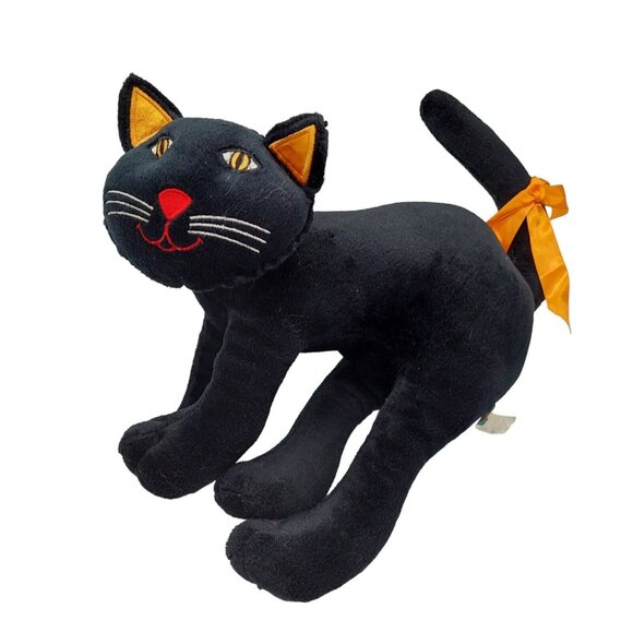 Black Halloween Cat Plush Hunched Up Orange Ribbon Good Stuff - Picture 5 of 9